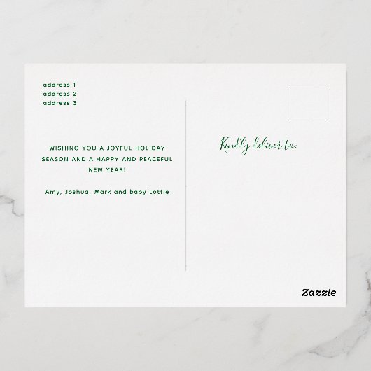 金ゴールドパインツリー3フォトコラージクリスマス 箔シーズンポストカード (裏面)