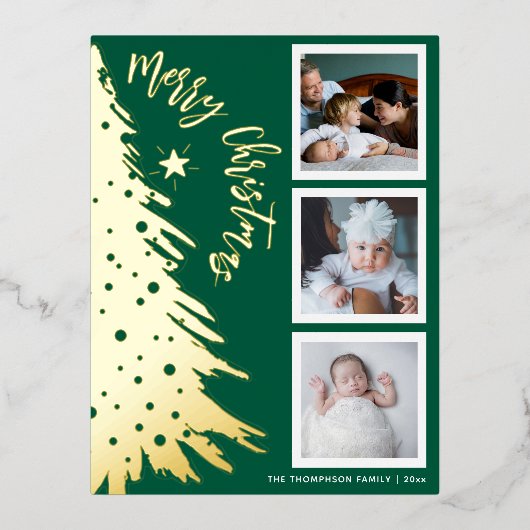金ゴールドパインツリー3フォトコラージクリスマス 箔シーズンポストカード (正面)