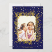 金ゴールドパインフレーム紙吹雪ネイビーブルークリスマス写真 シーズンカード (正面)