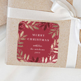 金ゴールドパインブランチレッドメリークリスマスホリデー スクエアシール