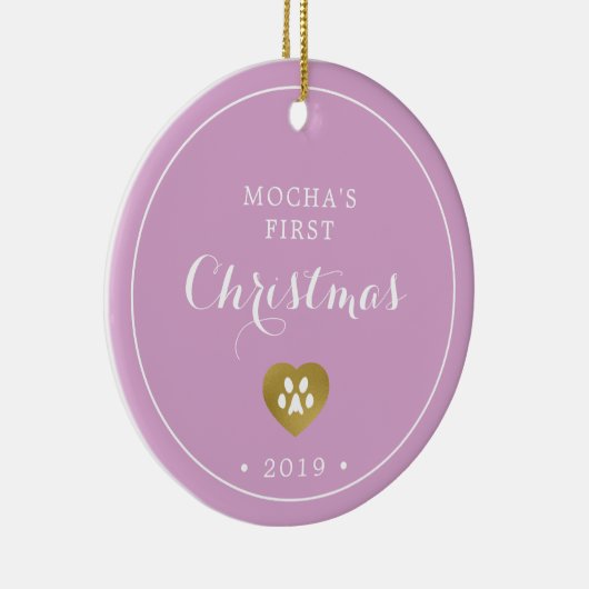 金ゴールドパウェプリントネコの初めてのクリスマス写真 セラミックオーナメント (右)