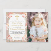 金ゴールドパステルコラフローラ写真1st聖餐式 招待状 (正面)