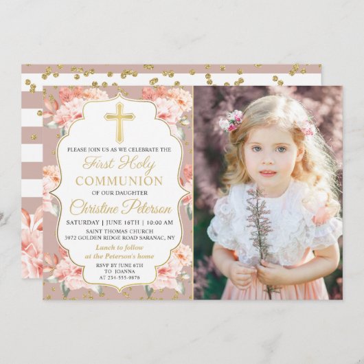 金ゴールドパステルコラフローラ写真1st聖餐式 招待状 (正面/裏面)