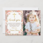 金ゴールドパステルコーラルフローラコミューニオンサンキューカード サンキューカード (正面)