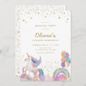 金ゴールドパステルレインボーユニコーン誕生日招待状 招待状 (正面/裏面)