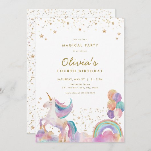 金ゴールドパステルレインボーユニコーン誕生日招待状 招待状 (正面/裏面)