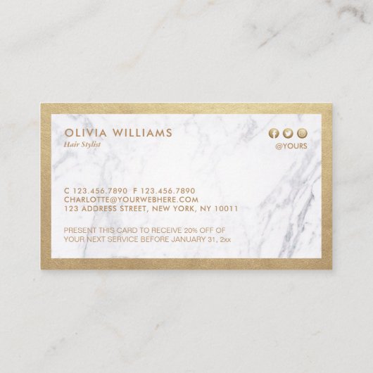 金ゴールドパターンはさみ大理石HairStylist割引 名刺 (裏面)