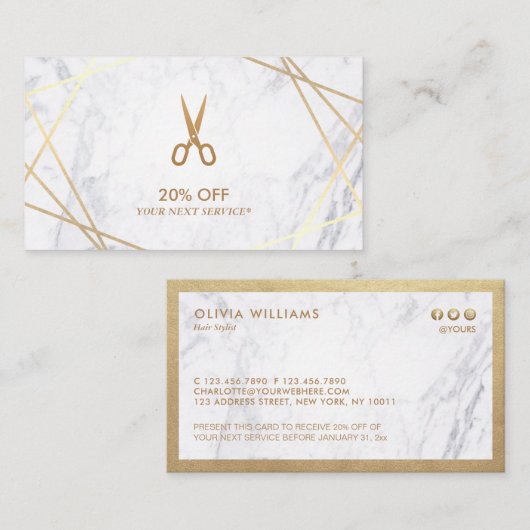 金ゴールドパターンはさみ大理石HairStylist割引 名刺 (正面/裏面)
