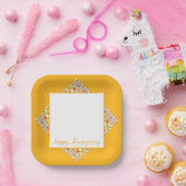 金ゴールドパターンアクセント付き正方形紙プレート ペーパープレート (パーティー)