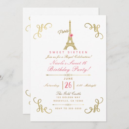 金ゴールドパリエッフェルタワーピンクローズスイート16パーティー 招待状 (正面/裏面)