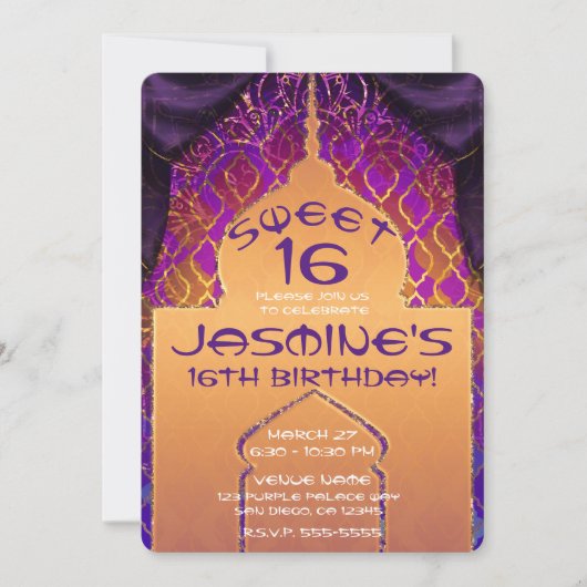 金ゴールドパレスアラビアンナイトスウィート16誕生日 招待状 (正面)