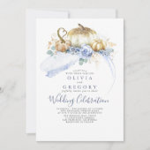 金ゴールドパンプキンズダスティーブルーフローラ秋の結婚式 招待状 (正面)