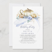 金ゴールドパンプキンズダスティーブルーフローラ秋誕生日 招待状 (正面)