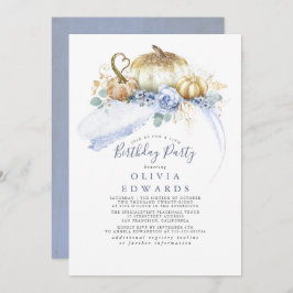 金ゴールドパンプキンズダスティーブルーフローラ秋誕生日 招待状