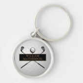 金ゴールドパーソナライズされたとブラックゴルフクラブとボール キーホルダー (正面)