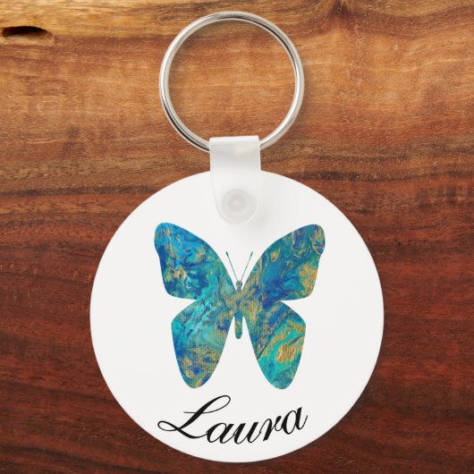 金ゴールドパーソナライズされたとブルーバタフライ –  キーホルダー (正面)