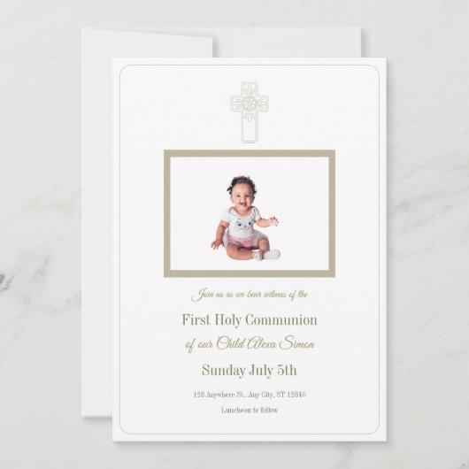 金ゴールドパーソナライズされたとホワイトファースト聖餐式 招待状 (正面)