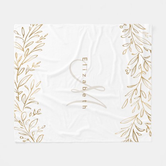 金ゴールドパーソナライズされたの植物名及びモノグラム フリースブランケット (正面(横))