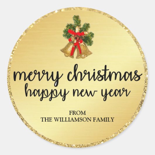 金ゴールドパーソナライズされたクリスマスベル封筒用シール ラウンドシール (正面)