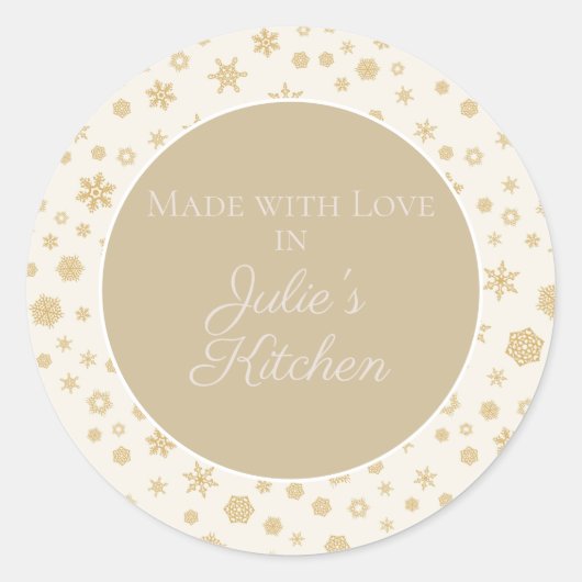 金ゴールドパーソナライズされたクリーム雪片フードギフト ラウンドシール (正面)