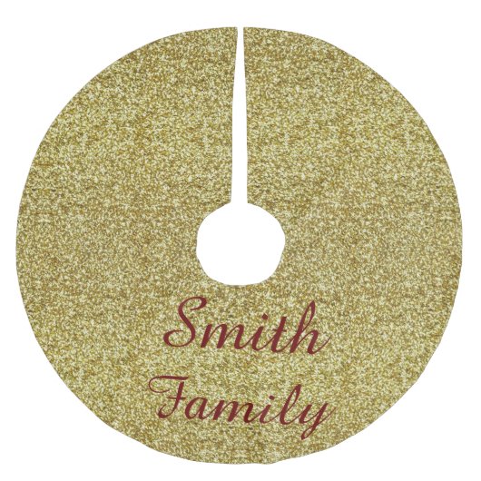 金ゴールドパーソナライズされたグリッターのクリスマスツリースカート ブラッシュドポリエステルツリースカート (正面)