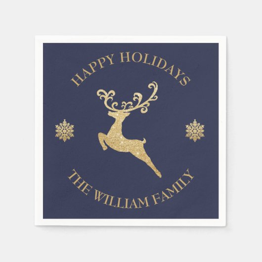 金ゴールドパーソナライズされたグリッタートインデアハッピーホリデイ スタンダードカクテルナプキン (正面)