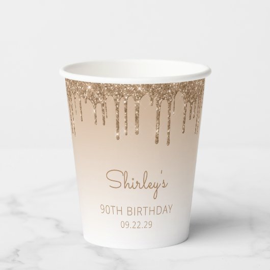 金ゴールドパーソナライズされたグリッタードリップ90thバースデーパーティー 紙コップ (裏面)