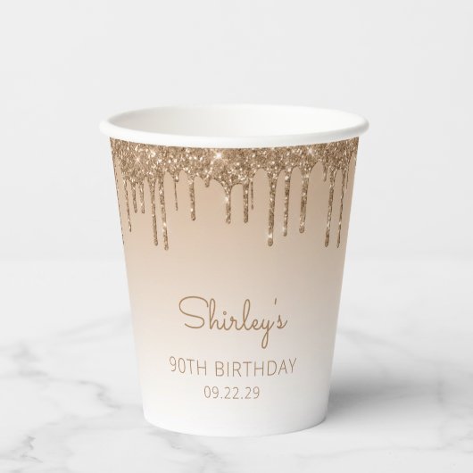 金ゴールドパーソナライズされたグリッタードリップ90thバースデーパーティー 紙コップ (正面)