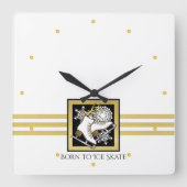 金ゴールドパーソナライズされたグリッター白黒アイススケート スクエア壁時計 (正面)