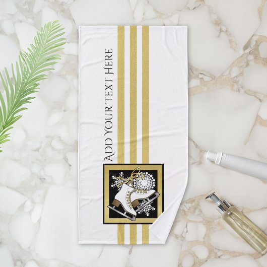 金ゴールドパーソナライズされたグリッター白黒アイススケート バスタオルセット