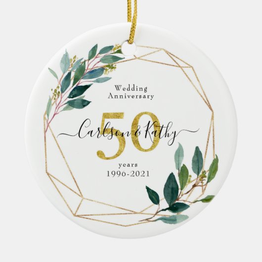 金ゴールドパーソナライズされたグリーンリー50周年記念 セラミックオーナメント (正面)