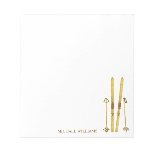 金ゴールドパーソナライズされたスキー |ヴィンテージスキーイラストレーション ノートパッド (正面)