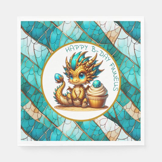 金ゴールドパーソナライズされたティール(緑がかった色)ドラゴンボーイズバースデーパーティー スタンダードランチョンナプキン (正面)