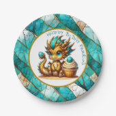 金ゴールドパーソナライズされたティール(緑がかった色)ドラゴンボーイズバースデーパーティー ペーパープレート (正面)