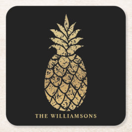 金ゴールドパーソナライズされたパイナップルオンブラック スクエアペーパーコースター