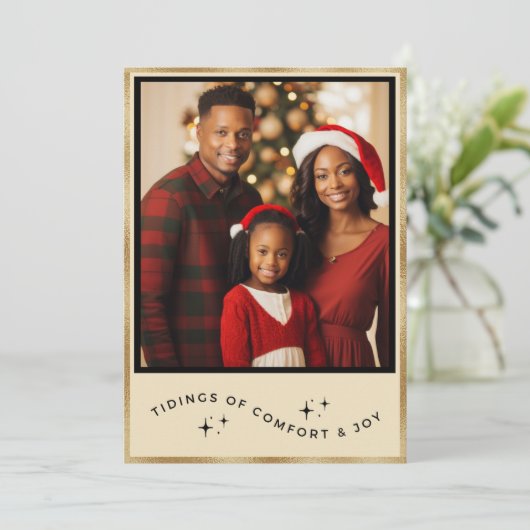 金ゴールドパーソナライズされたフォトホリデークリスマスカード シーズンカード (スタンド正面)