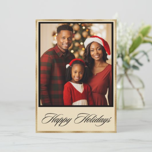 金ゴールドパーソナライズされたフォトホリデークリスマスカード シーズンカード (スタンド正面)