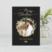 金ゴールドパーソナライズされたブラック・メリー・クリスマス・フォト シーズンカード (スタンド正面)