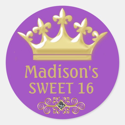 金ゴールドパーソナライズされたプリンセスクラウンオンパープルスウィート16 ラウンドシール (正面)
