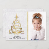 金ゴールドパーソナライズされたホワイトレースフォトクリスマスカード シーズンカード (正面/裏面)