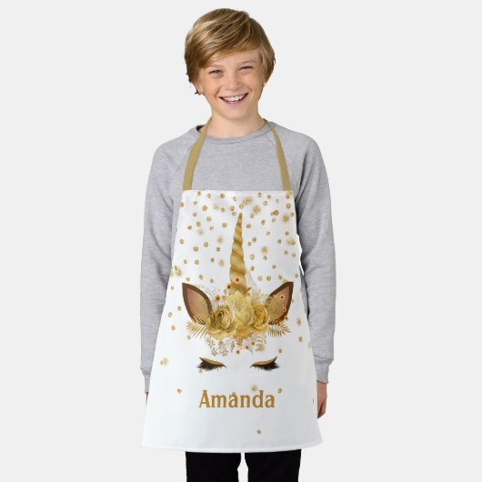 金ゴールドパーソナライズされたユニコーン顔ホーン エプロン (着用した状態)