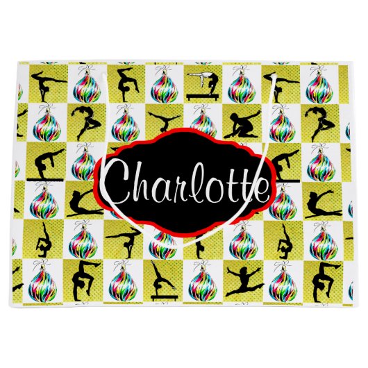 金ゴールドパーソナライズされた体操クリスマス抱き枕 ラージペーパーバッグ (正面)