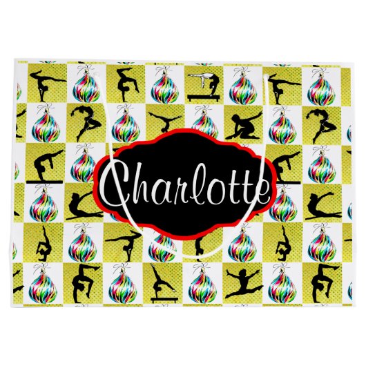 金ゴールドパーソナライズされた体操クリスマス抱き枕 ラージペーパーバッグ (裏面)