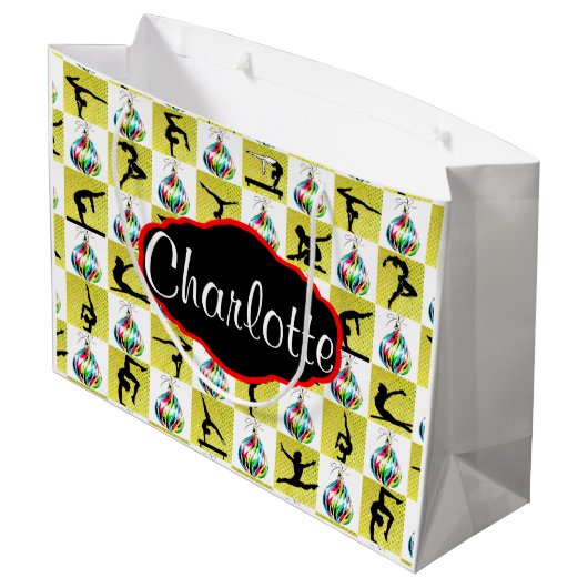 金ゴールドパーソナライズされた体操クリスマス抱き枕 ラージペーパーバッグ (裏面アングル)