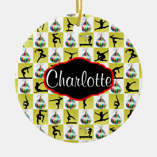 金ゴールドパーソナライズされた体操クリスマス飾り セラミックオーナメント (正面)