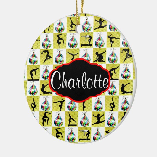 金ゴールドパーソナライズされた体操クリスマス飾り セラミックオーナメント (左)