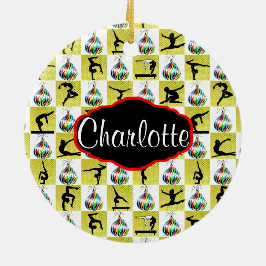 金ゴールドパーソナライズされた体操クリスマス飾り セラミックオーナメント (裏面)