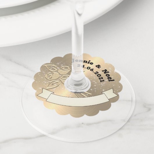 金ゴールドパーソナライズされた効果のワ結婚イングラスラベル ワイングラスタグ (クローズアップ)