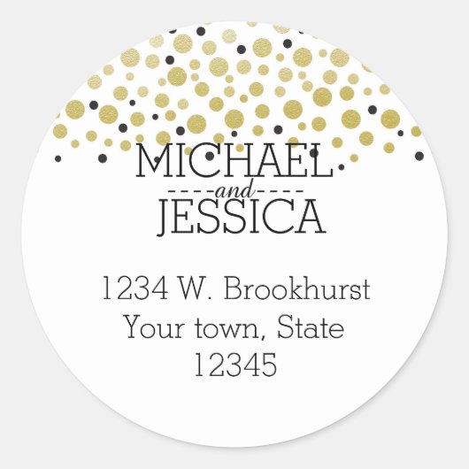 金ゴールドパーソナライズされた紙吹雪名とアドレス ラウンドシール (正面)