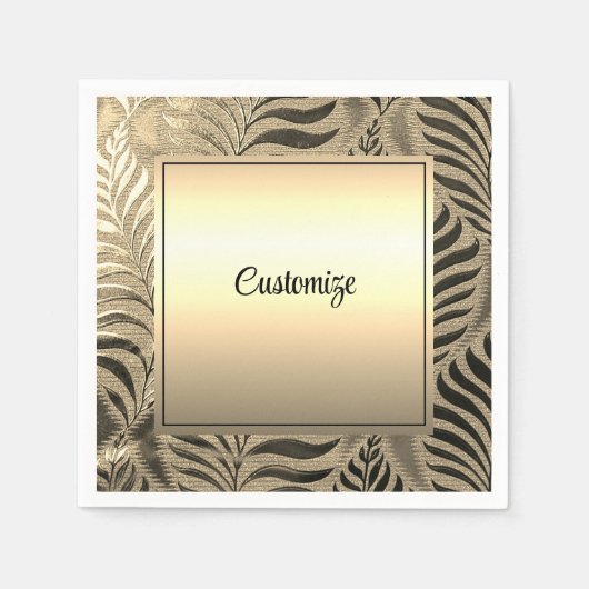 金ゴールドパーソナライズされた葉モチーフ スタンダードカクテルナプキン (正面)
